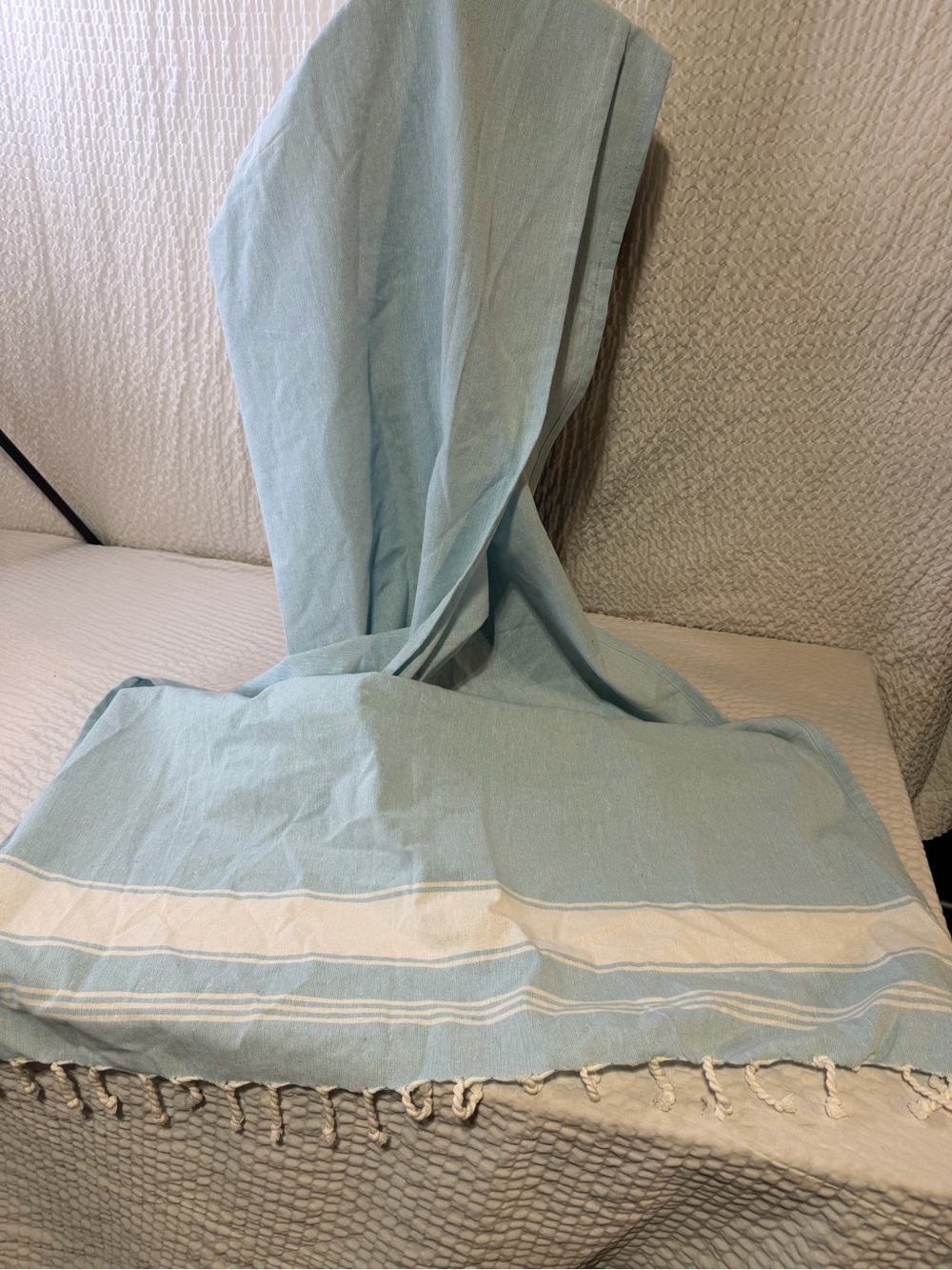 Light Blue Cotton Beach Towel with White Stripe Detail